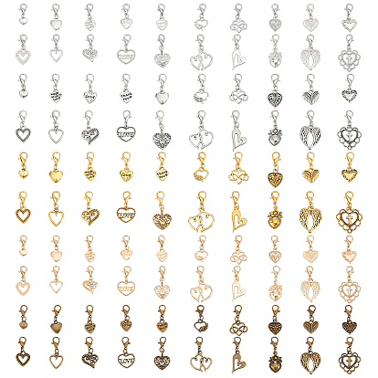 100 pcs 5 couleurs décorations de pendentif en alliage, cœur, avec alliage homard fermoirs pince