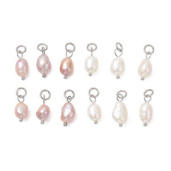 2шт 2 цвета натуральный жемчуг подвески, картофельные подвески с 304 петлями из нержавеющей стали, цвет нержавеющей стали