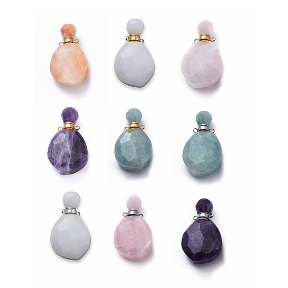 Faceted Natural Gemstone Openable Perfume Bottle Pendants, with 304 Stainless Steel Findings