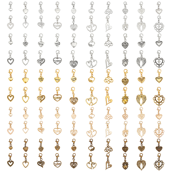 100 pcs 5 couleurs décorations de pendentif en alliage, cœur, avec alliage homard fermoirs pince