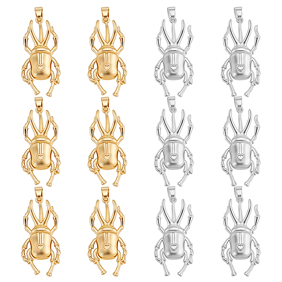 12Pcs 2 Colors Rack Plating Brass Pendants, Long-Lasting Plated, Beetle Charms