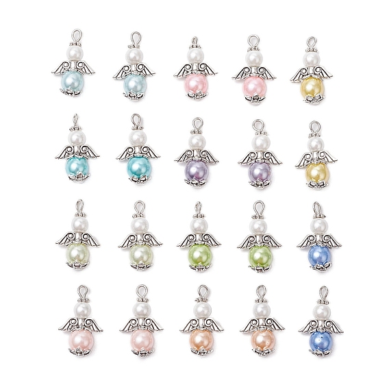 20Подвески из стеклянного жемчуга, ангельские прелести, с крыльями из сплава и железной петлей