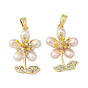 Латунные микро проложить кубического циркония подвески, без кадмия и без свинца, цветок, с абс пластиковым перламутром и эмалью, реальный 18 k позолоченный