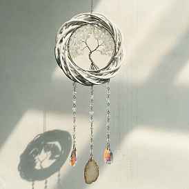 Natural Agate & Glass Teardrop Wind Chime, Hanging Suncatchers, with Wire Wrapped & Opalite Tree of Life and Rattan, for Window Home Garden Decoration