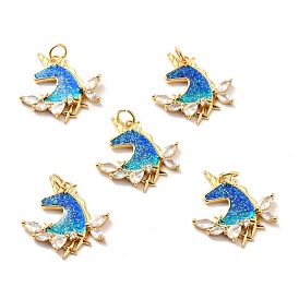 Rack Plating Brass Micro Pave Cubic Zirconia Pendants, Cadmium Free & Lead Free & Nickle Free, with Enamel and Glitter, Real 18K Gold Plated, Unicon