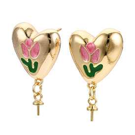 Brass Enamel Stud Earring Findings, with 925 Sterling Silver Pins, for Half Drilled Bead, Nickel Free, Heart with Pink Flower