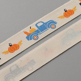 10 Yards Autumn Theme Cotton Ribbons, Jacquard Ribbon, Tyrolean Ribbon, Garment Accessories, for Thanksgiving Day, White, Truck/Pumpkin/Maple Leaf Pattern