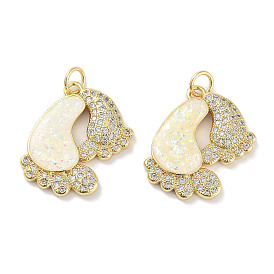 Brass Micro Pave Clear Cubic Zirconia Pendants, with Synthetic Opal and Jump Rings, Real 18K Gold Plated, Foot Print Charms