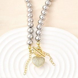 Brass Micro Pave Clear Cubic Zirconia Heart Pendant Round Beaded Necklaces for Women, Cadmium Free & Lead Free, Rack Plating, Long-Lasting Plated