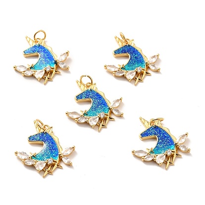Rack Plating Brass Micro Pave Cubic Zirconia Pendants, Cadmium Free & Lead Free & Nickle Free, with Enamel and Glitter, Real 18K Gold Plated, Unicon
