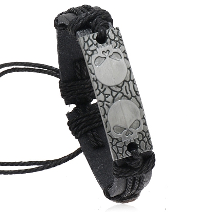 Alloy Skull Link Bracelet, Imitation Leather Adjustable Bracelet with Jute Cords