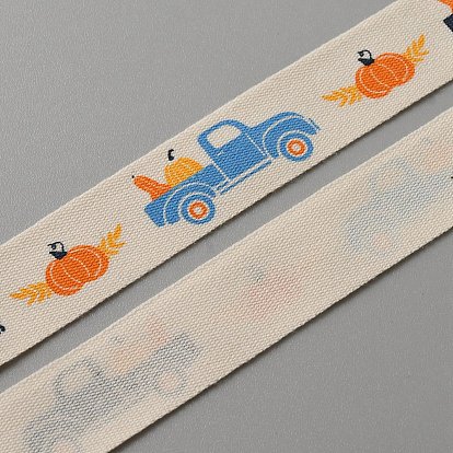 10 Yards Autumn Theme Cotton Ribbons, Jacquard Ribbon, Tyrolean Ribbon, Garment Accessories, for Thanksgiving Day, White, Truck/Pumpkin/Maple Leaf Pattern