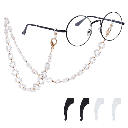 Alloy Eyeglasses Chains, Neck Strap for Eyeglasses, with Plastic Beads, Rubber Loop Ends and Silicone Eyeglasses Ear Grip, Flower, White