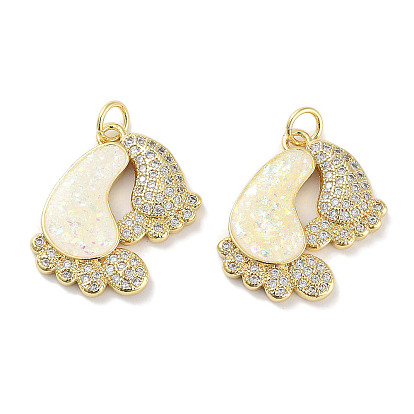 Latón micro pavimenta claro colgantes de circonio cúbico, sin plomo y cadmio, con ópalo sintético y anillas, real 18 k chapado en oro, encantos de huellas de pies