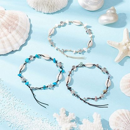 3 шт. 3 стили браслеты на ногу с бусинами из синтетического магнезита, бирюзы и натуральной ракушки каури в виде морской звезды, черепахи, античное серебро