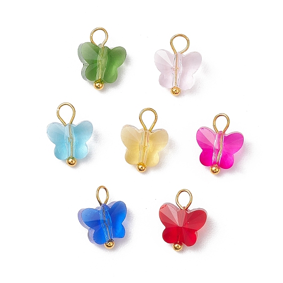 7шт. стеклянные подвески-бабочки, с латунными штифтами с плоской головкой, граненые