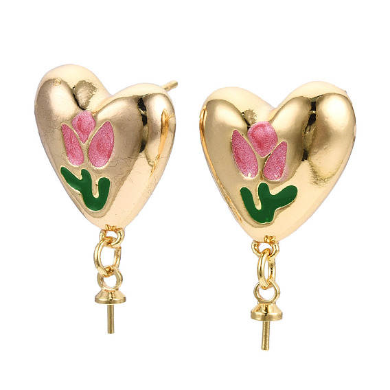 Brass Enamel Stud Earring Findings, with 925 Sterling Silver Pins, for Half Drilled Bead, Nickel Free, Heart with Pink Flower