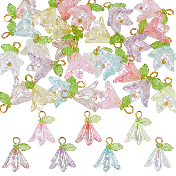 84 piezas 7 colores colgantes de perlas de acrílico transparente y plástico ABS, encantos de la flor, con fornituras de hierro, dorado