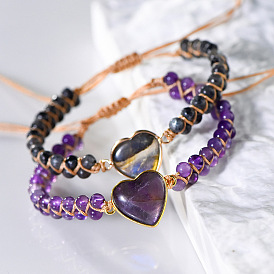 Heart Natural Gemstone Braided Bracelets, Adjuestable Bracelets for Women