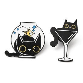 Alloy Enamel Pins, Cat with Fish Bowl/Goblet Brooches, Electrophoresis Black