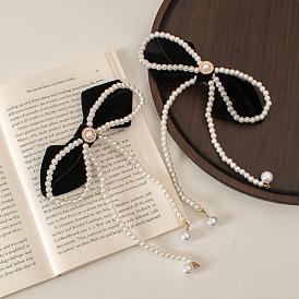 Elegant Black Velvet Bow Pearl Hair Clip for Women's French Vintage Style