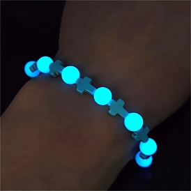 Synthetic Turquoise Stretch Bracelets, with Luminous Beads, Cross