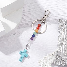 Dyed Synthetic Turquoise Cross Keychain, with Iron Split Key Rings, Alloy Swivel Lobster Claw Clasps, Gemstone Round Beads