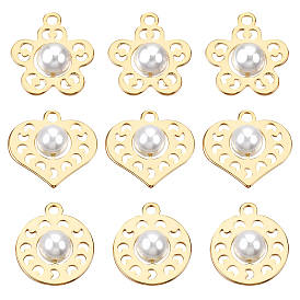 BENECREAT 18Pcs 3 Style Brass Pendants, with ABS Plastic Imitation Pearl Beads, Nickel Free, Real 18K Gold Plated