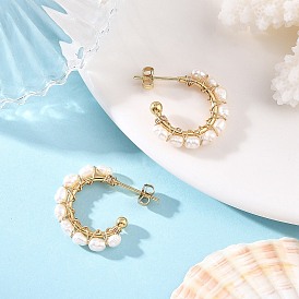 304 de acero inoxidable aretes, Pendientes de media argolla de perlas cultivadas naturales de agua dulce para mujer.