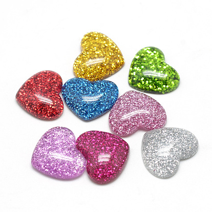 Resin Cabochons, with Glitter Powder, Heart