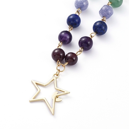 Chakra Jewelry, 304 Stainless Steel Chain Necklaces, with Alloy Pendants, Gemstone Beads and Iron Chain Extender, Star