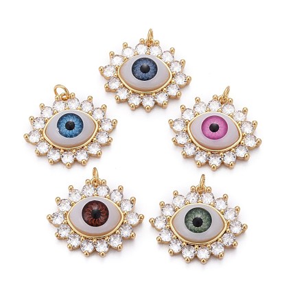 Brass Micro Pave Clear Cubic Zirconia Pendants, with Acrylic and Jump Ring, Long-Lasting Plated, Eye, Real 18K Gold Plated