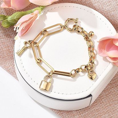 304 Браслеты с подвесками в виде скрепок и цепочек Rolo из нержавеющей стали для женщин, сердце и замок и ключ в форме сердца