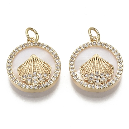 Латунные микро проложить кубического циркония подвески, с пресноводной раковиной и прыжковым кольцом, плоско-круглые, без никеля , реальный 18 k позолоченный