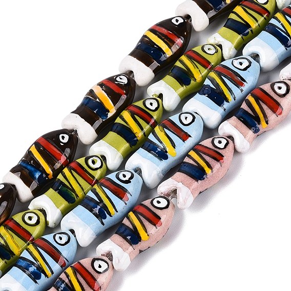Cuentas de porcelana hechas a mano, pintado a mano, famille porcelana rosa, pez con rayas