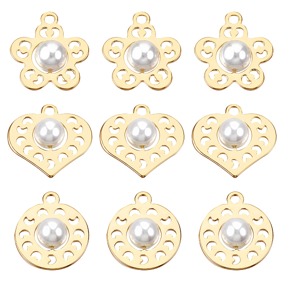 18Pcs 3 Style Brass Pendants, with ABS Plastic Imitation Pearl Beads, Nickel Free, Real 18K Gold Plated