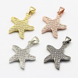 Brass Micro Pave Cubic Zirconia Pendants, Starfish/Sea Stars, Cadmium Free & Lead Free & Nickel Free