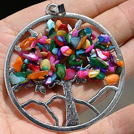 Dyed Natural Shell Chip Big Pendants, Alloy Tree of Life Charms, Antique Silver