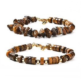 Natural Tiger Eye Beaded Bracelets Set, with Brass Beads & 304 Stainless Steel Lobster Claw Clasps