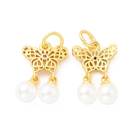 ABS Plastic Imitation Pearl Pendants, with Cubic Zirconia & Brass Findings and Jump Rings, Cadmium Free & Lead Free, Butterfly with Round