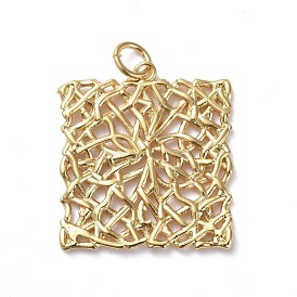Brass Filigree Pendants, Hollow, Long-Lasting Plated, Real 18K Gold Plated, Square