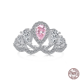 925 Anillo de dedo hueco con circonita cúbica rosa pavimentada en plata de ley para mujer, corona