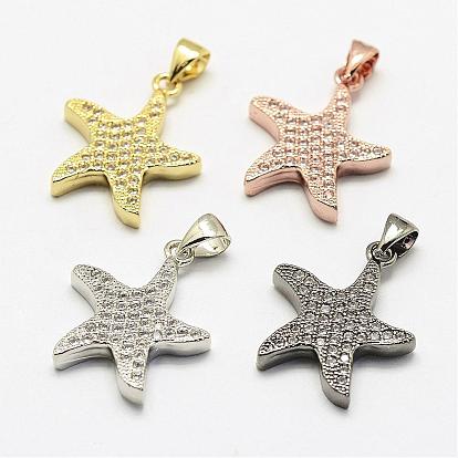 Brass Micro Pave Cubic Zirconia Pendants, Starfish/Sea Stars, Cadmium Free & Lead Free & Nickel Free