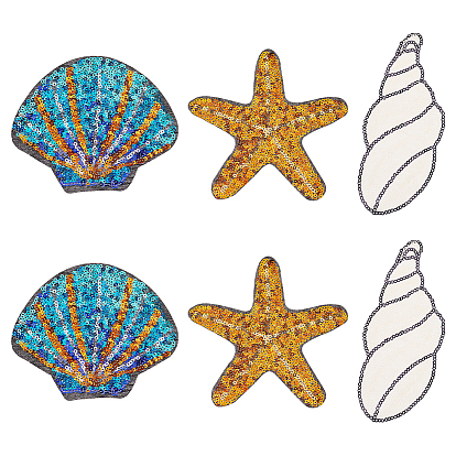 6Stck. 3 Stil Strand Thema Glitter Tuch Patches, Paillettenapplikation aufbügeln/aufnähen, zum Nähen von Basteldekoration, Seestern & Muschel & Muschelform