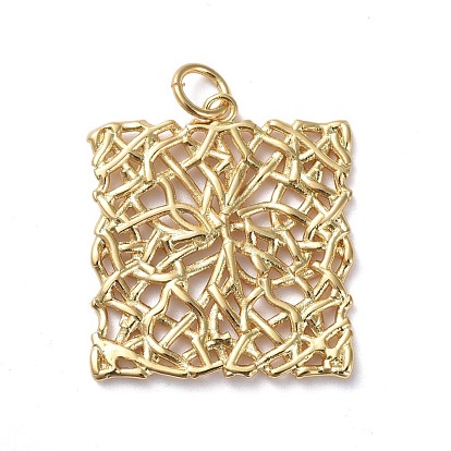 Brass Filigree Pendants, Hollow, Long-Lasting Plated, Real 18K Gold Plated, Square