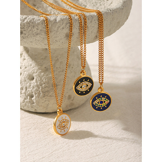 304 Stainless Steel Pave Cubic Zirconia and Enamel Evil Eye Pendant Necklaces, Golden