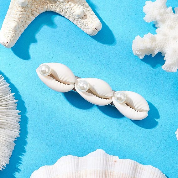 Заколки для волос из крокодиловой кожи в форме ракушки каури, с натуральными смешанными бусинами из ракушек каури и акриловыми бусинами из искусственного жемчуга