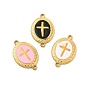 201 Stainless Steel Enamel Connector Charms, Real 24K Gold Plated, Oval Links with Religion Cross