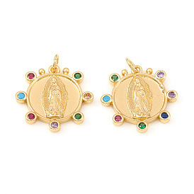 Brass Micro Pave Cubic Zirconia Pendants, Lady of Guadalupe Charms, with Jump Rings, Flat Round with Virgin Mary