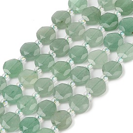 Natural Green Aventurine Beads Strands, with Seed Beads, Faceted Hexagonal Cut, Flat Round